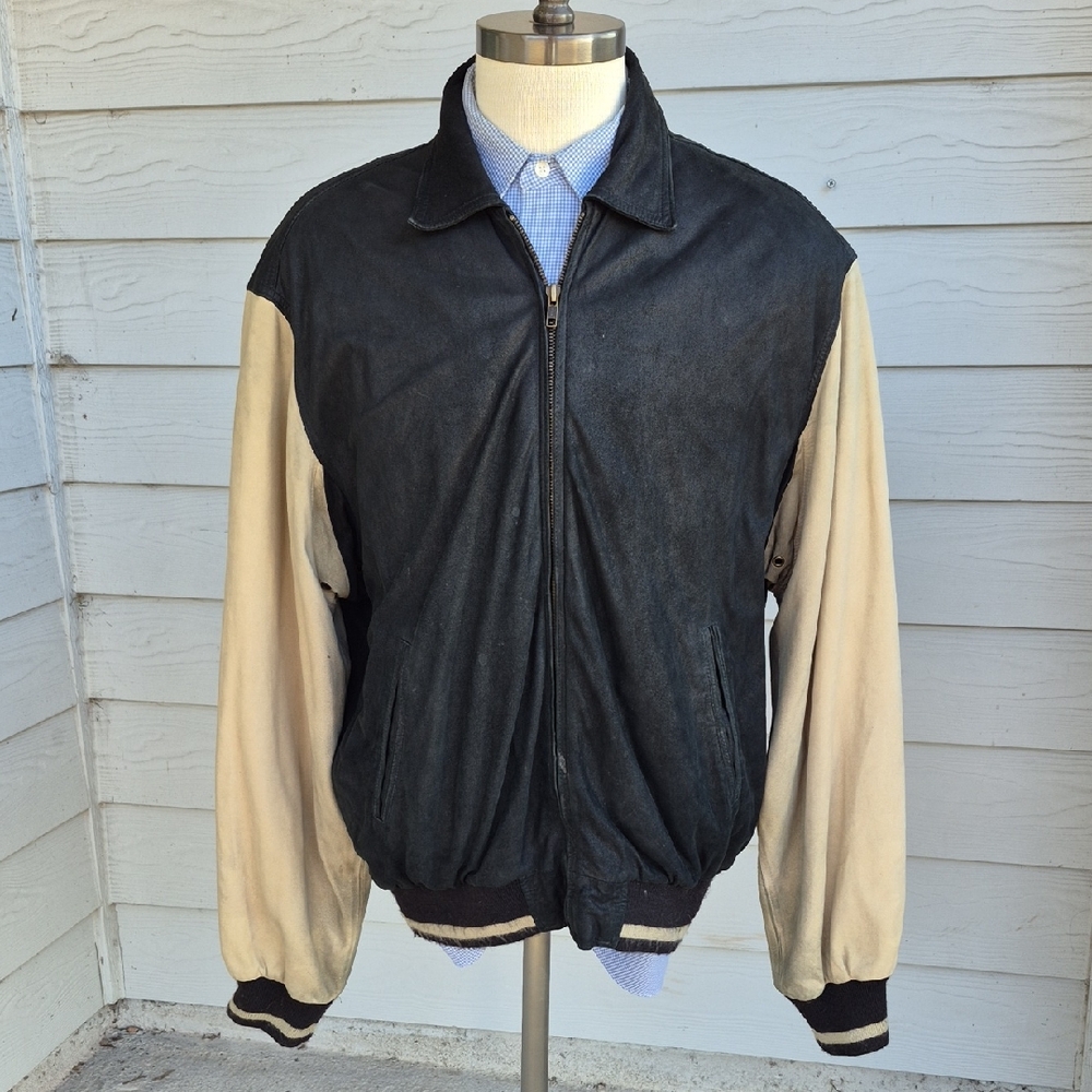 GOLDEN BEAR San Francisco Leather Black‎ Beige USA Mens Large Varsity Jacket